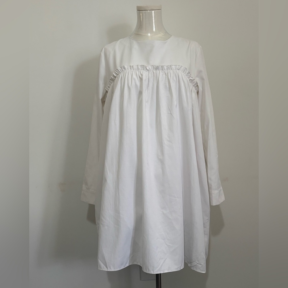 ENGLISH FACTORY, White Long Sleeve Babydoll Dress with pockets, Size L